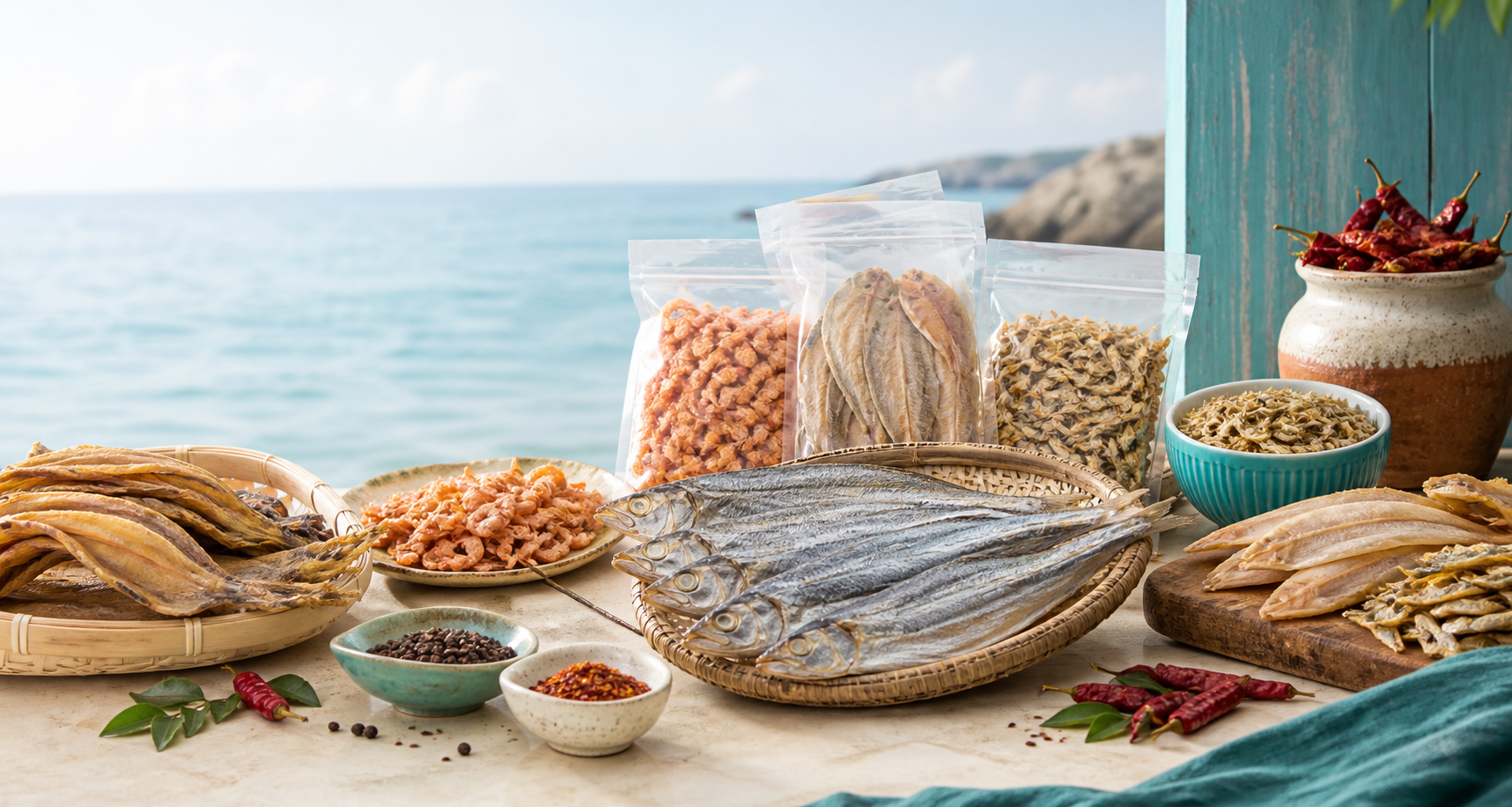 Assorted dry fish and seafood packs by the coast